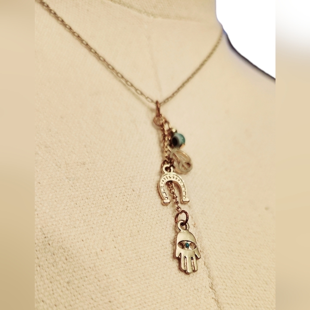Hamsa Hand Evil Eye Horseshoe Peace Sign Necklace - Picture 13 of 14